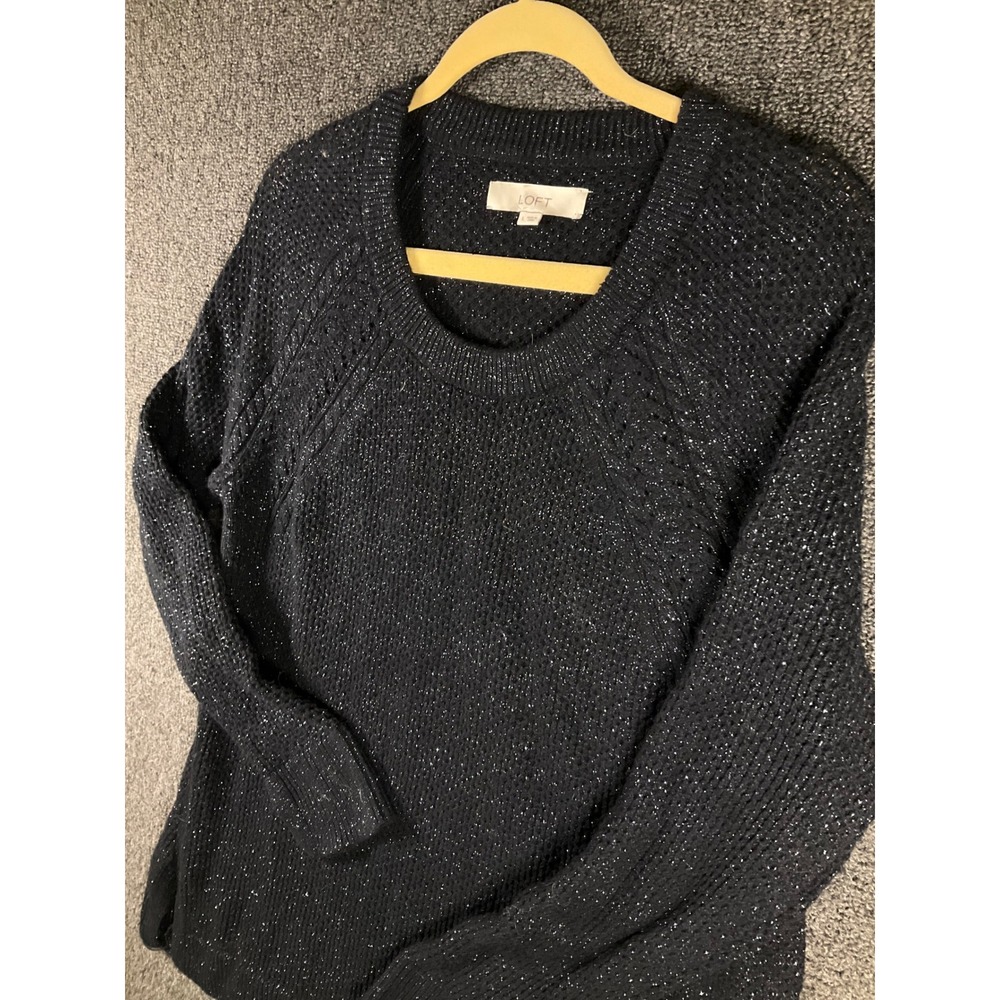Loft Womens Black Silver Metallic Sparkle Knit Sweater Pointelle Raglan Large